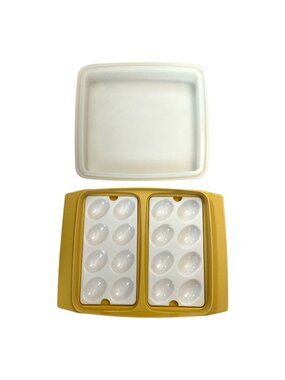 Vtg Tupperware Deviled Egg Carrier – Mustard Yellow 3-Pc Set – 2 Trays + Lid – 1